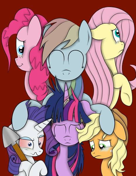 Size: 1736x2236 | Tagged: semi-grimdark, artist:squipycheetah, derpibooru import, applejack, fluttershy, pinkie pie, rainbow dash, rarity, twilight sparkle, twilight sparkle (alicorn), alicorn, earth pony, pegasus, pony, unicorn, the count of monte rainbow, alternate universe, bandage, blood, bloodshot eyes, crying, danglajacks, danglars, edmond dantes, eyes closed, forgiveness, insanity, looking away, looking back, looking down, looking up, mane six, mercedes, messy mane, missing accessory, monsparkle, rainbow dantes, rarifort, shovel, shycedes, the count of monte cristo, villefort