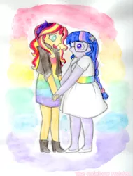 Size: 1997x2625 | Tagged: safe, artist:therainbowmaiden, derpibooru import, sci-twi, sunset shimmer, twilight sparkle, equestria girls, alternate costumes, clothes, dress, female, gay pride, gay pride flag, heart eyes, holding hands, lesbian, looking at each other, pride, pride month, scitwishimmer, shipping, sunsetsparkle, wingding eyes