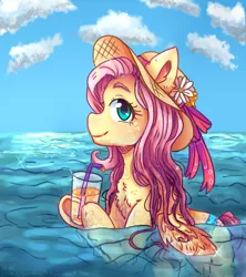 Size: 1024x1151 | Tagged: safe, artist:kitsu-chan11, derpibooru import, fluttershy, pony, beach, bikini, bikini bottom, chest fluff, clothes, cute, drink, female, hat, hoof hold, looking at you, looking sideways, mare, ocean, profile, shyabetes, smiling, solo, straw hat, swimsuit, water, wet mane