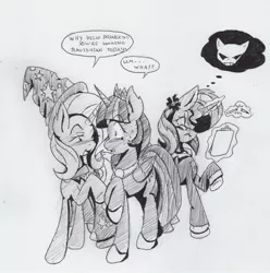 Size: 1444x1456 | Tagged: safe, artist:shard-of-life, derpibooru import, sunset shimmer, trixie, twilight sparkle, twilight sparkle (alicorn), alicorn, pony, angry, blushing, female, flirting, jealous, lesbian, looking at each other, magical trio, mare, monochrome, pencil, shipping, simple background, sketch, sunsetsparkle, traditional art, twixie