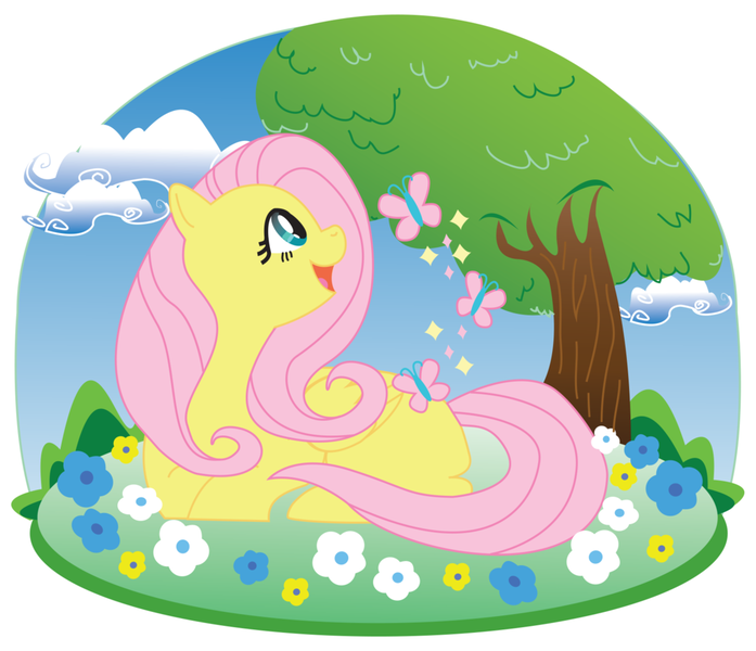 Size: 1024x882 | Tagged: safe, artist:ice-nimbus, derpibooru import, fluttershy, butterfly, pony, flower, folded wings, happy, head turn, looking at something, looking up, missing cutie mark, open mouth, profile, prone, smiling, solo, tree