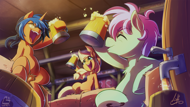 Size: 1920x1080 | Tagged: safe, artist:light262, derpibooru import, applejack, oc, earth pony, pony, unicorn, barn, cider, commission, cowboy hat, drink, female, glasses, hat, hooves, male, mare, mug, open mouth, smiling, stallion, stetson, tankard, trio