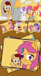 Size: 3794x6956 | Tagged: safe, artist:jake heritagu, derpibooru import, apple bloom, pinkie pie, scootaloo, sweetie belle, twilight sparkle, oc, oc:lightning blitz, pegasus, pony, comic:ask motherly scootaloo, absurd resolution, baby, baby pony, birthday cake, cake, clothes, colt, comic, crying, dialogue, diaper, diaper change, female, food, hairpin, hat, holding a pony, male, miss twilight sparkle, mother and son, motherly scootaloo, offspring, older, older apple bloom, older scootaloo, older sweetie belle, parent:rain catcher, parent:scootaloo, parents:catcherloo, party hat, party horn, photo, speech bubble, sweatshirt, tears of joy, teary eyes, teething ring