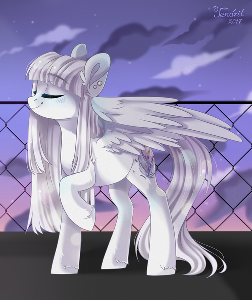 Size: 1280x1524 | Tagged: safe, artist:ten-dril, derpibooru import, oc, unofficial characters only, pegasus, pony, blue blush, blushing, body blush, cloud, complex background, ear piercing, earring, eyes closed, female, fence, jewelry, long hair, mare, one hoof raised, piercing, raised hoof, sky, smiling, solo, stars, twilight (astronomy), unshorn fetlocks, white hair, wing blush, wings