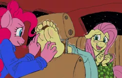 Size: 850x544 | Tagged: anthro, artist:arcadianforests, artist:arcadias, artist:caroo, barefoot, bondage, car, colored sketch, derpibooru import, duo, feet, female, fetish, flutterpie, fluttershy, foot fetish, lesbian, night, pinkie pie, plantigrade anthro, rope, shipping, soles, suggestive, sweat, tickle fetish, tickle torture, tickling, toes, toe tied