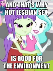 Size: 500x673 | Tagged: suggestive, derpibooru import, edit, edited screencap, screencap, paisley, princess cadance, starlight, equestria girls, friendship games, caption, clothes, cropped, dean cadance, eco kid insults, female, flower, hand on shoulder, image macro, implied sex, lesbian, lidded eyes, looking at each other, meme, skirt, stairs, thumbs up