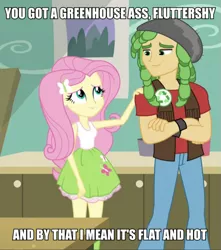 Size: 875x991 | Tagged: suggestive, derpibooru import, edit, edited screencap, screencap, fluttershy, sandalwood, equestria girls, friendship games, caption, clothes, eco kid insults, image macro, meme, sleeveless, tanktop