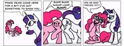 Size: 965x363 | Tagged: safe, artist:gingerfoxy, derpibooru import, pinkie pie, rarity, pony, pony comic generator, bump bump sugar lump rump, butt to butt, butt touch, comic