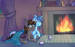 Size: 1920x1213 | Tagged: safe, derpibooru import, oc, oc:bluebird solstice, oc:stardust wayfinder, unofficial characters only, bat pony, pony, unicorn, blanket, book, chocolate, coffee, couple, facial hair, fire, fireplace, food, gay, goatee, holding hooves, hot chocolate, looking at each other, male, tea