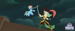 Size: 2048x858 | Tagged: safe, derpibooru import, official, screencap, captain celaeno, rainbow dash, anthro, pony, my little pony: the movie, anthro with ponies, mouth hold, my little pony logo, pirate rainbow dash, sword, sword fight, weapon