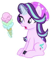 Size: 1348x1558 | Tagged: safe, artist:little903, derpibooru import, starlight glimmer, ponified, pony, unicorn, equestria girls, mirror magic, spoiler:eqg specials, alternate hairstyle, base used, beanie, equestria girls ponified, food, hat, ice cream, magic, open mouth, simple background, solo, starry eyes, that pony sure does love ice cream, transparent background, wingding eyes