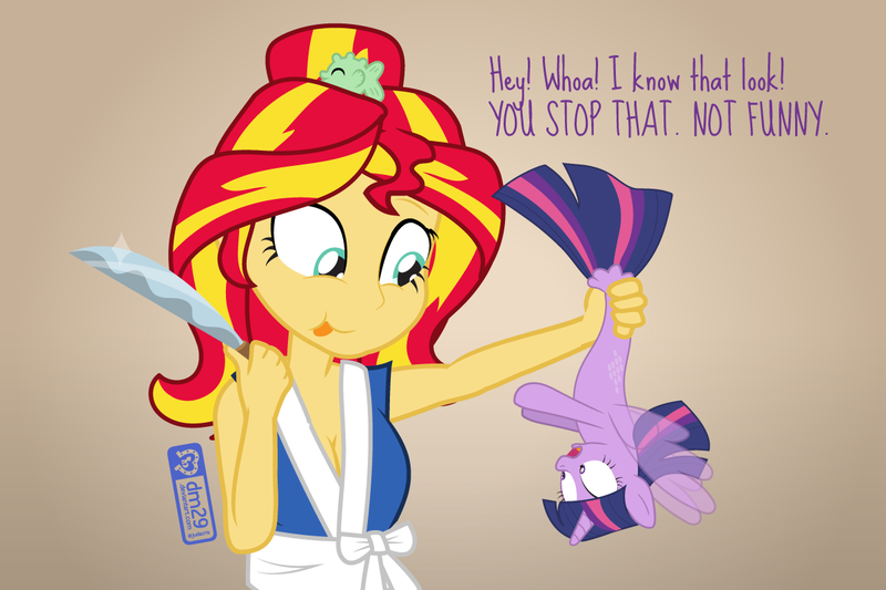 Size: 1200x800 | Tagged: safe, artist:dm29, derpibooru import, sunset shimmer, twilight sparkle, seapony (g4), eqg summertime shorts, equestria girls, my little pony: the movie, apron, breasts, brown background, cleavage, clothes, dark comedy, duo, hair bun, happi, imminent murder, knife, seaponified, seapony twilight, simple background, species swap, sunset sushi, this will end in death, this will end in sushi, tongue out, toy interpretation