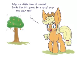 Size: 2000x1500 | Tagged: safe, artist:heir-of-rick, derpibooru import, applejack, pony, ama, apple tree, appul, colored sketch, dialogue, impossibly large ears, pun, solo, tree, visual pun, wat