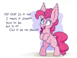 Size: 2000x1500 | Tagged: safe, artist:heir-of-rick, derpibooru import, pinkie pie, pony, ama, colored sketch, cute, dialogue, diapinkes, impossibly large ears, rearing, solo