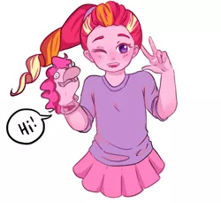 Size: 1402x1286 | Tagged: safe, artist:yuuriseros, derpibooru import, pinkie pie, oc, oc:honeycrisp blossom, unofficial characters only, equestria girls, cute, offspring, one eye closed, parent:big macintosh, parent:princess cadance, parents:cadmac, peace sign, ponytail, simple background, sock puppet, solo, white background