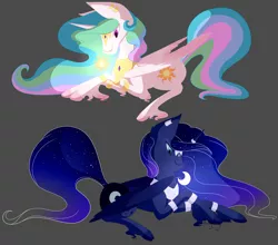 Size: 2356x2072 | Tagged: safe, artist:twigpony, derpibooru import, princess celestia, princess luna, alicorn, pony, crescent moon, duo, female, gray background, mare, moon, prone, royal sisters, simple background, sisters, sun, unshorn fetlocks