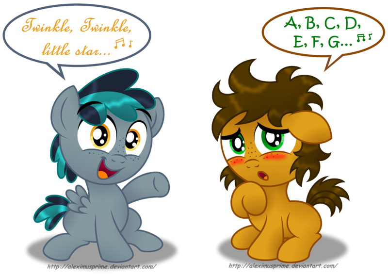 Size: 2000x1422 | Tagged: safe, artist:aleximusprime, derpibooru import, oc, oc:alex the chubby pony, oc:blackgryph0n, unofficial characters only, pony, alphabet, blackgryph0n, colt, cute, diabetes, gryph, hnnng, male, singing, song, younger