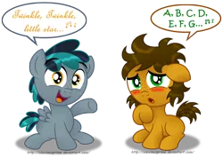 Size: 2000x1422 | Tagged: safe, artist:aleximusprime, derpibooru import, oc, oc:alex the chubby pony, oc:blackgryph0n, unofficial characters only, pony, alphabet, blackgryph0n, colt, cute, diabetes, gryph, hnnng, male, singing, song, younger