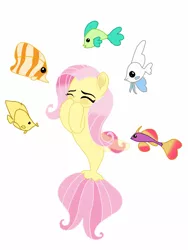 Size: 1536x2048 | Tagged: adorkable, angelfish, artist:joshstacy, blushing, butterfly fish, cute, derpibooru import, dork, eyes closed, female, fish, fluttershy, laughing, mare, my little pony: the movie, safe, seaponified, seapony fluttershy, seapony (g4), shyabetes, simple background, solo, species swap, tropical fish, white background