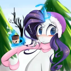 Size: 3000x3000 | Tagged: safe, artist:posionjoke, derpibooru import, rarity, pony, unicorn, blushing, coffee, cup, cute, hat, levitation, magic, simple background, smiling, solo, steam, telekinesis, winter