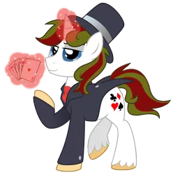 Size: 3717x3752 | Tagged: safe, artist:lostinthetrees, derpibooru import, oc, oc:trickshot, unofficial characters only, pony, unicorn, card, clothes, hat, high res, magic, male, raised leg, simple background, solo, stallion, suit, top hat, transparent background