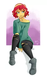 Size: 1600x2600 | Tagged: safe, artist:ponut_joe, derpibooru import, sunset shimmer, human, equestria girls, abstract background, adorasexy, alternate hairstyle, beautiful, beautisexy, clothes, cute, female, freckles, hand on chin, leggings, off shoulder, ripped pantyhose, sexy, shimmerbetes, shoes, short hair, smiling, smirk, solo, sweatshirt, uggs
