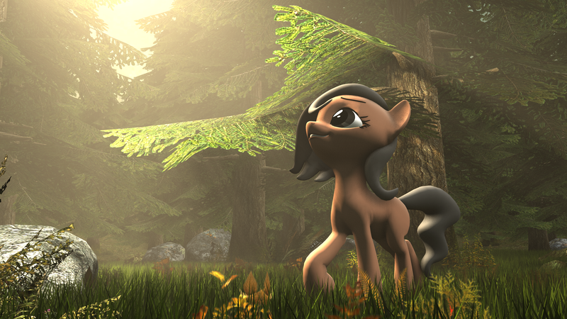 Size: 3840x2160 | Tagged: safe, artist:jeff556, derpibooru import, oc, oc:cold gray, unofficial characters only, earth pony, pony, 3d, boulder, female, forest, grass, mare, plants, rock, shadow, solo, source filmmaker, the sun is a deadly laser, tree, volumetric light