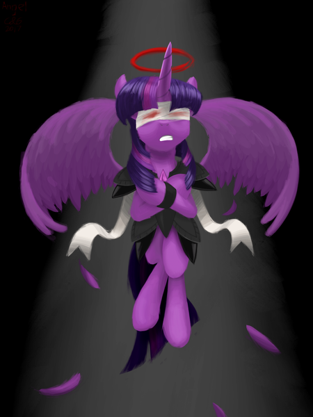 Size: 1536x2048 | Tagged: semi-grimdark, artist:qzygugu, derpibooru import, twilight sparkle, twilight sparkle (alicorn), alicorn, pony, bandage, blindfold, blood, clothes, feather, female, judgement, mansemat, mare, mastema, shin megami tensei iv, shin megami tensei: strange journey, solo, tarot, tarot card