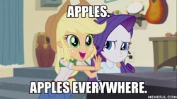 Size: 600x337 | Tagged: safe, derpibooru import, screencap, applejack, rarity, equestria girls, player piano, apple, image macro, meme, that pony sure does love apples, x x everywhere