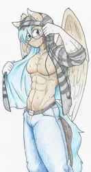 Size: 3129x5895 | Tagged: abs, absurd resolution, anthro, anthro oc, artist:flicker-show, clothes, derpibooru import, glasses, hoodie, jeans, looking at you, male, muscles, oc, oc:playthrough, pants, pegasus, simple background, solo, solo male, stallion, suggestive, sweat, traditional art, unofficial characters only, white background