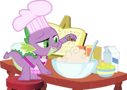 Size: 5000x3555 | Tagged: absurd resolution, apron, artist:dashiesparkle, batter, book, bowl, chef's hat, clothes, cookbook, derpibooru import, dragon, egg (food), food, gem, hat, high res, jewel cake, just for sidekicks, lemon, milk, naked apron, safe, simple background, singing, solo, spike, transparent background, vector