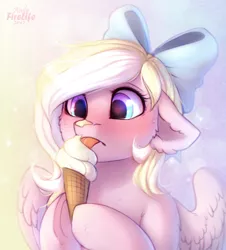 Size: 1050x1160 | Tagged: safe, artist:andyfirelife, derpibooru import, oc, oc:bay breeze, unofficial characters only, pegasus, pony, abstract background, blushing, bow, cheek fluff, commission, cute, ear fluff, eating, female, fluffy, food, gradient eyes, hair bow, hoof hold, ice cream, ice cream cone, licking, mare, ocbetes, shoulder fluff, solo, tongue out, ych result