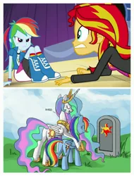 Size: 3106x4096 | Tagged: safe, artist:ponykillerx, derpibooru import, edit, screencap, princess celestia, rainbow dash, sunset shimmer, alicorn, pegasus, pony, equestria girls, rainbow rocks, absurd resolution, abuse, butt, celestia's grave meme, exploitable meme, female, implied death, implied murder, mare, meme, plot, shimmerbuse