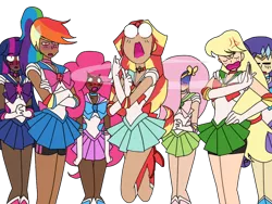 Size: 640x480 | Tagged: abuse, applejack, applejerk, baka, barrette, blushing, booty shorts, clothes, compression shorts, cross-popping veins, dark skin, derpibooru import, drool, edit, eyes closed, faic, female, fluttershy, hairclip, hair over one eye, human, human coloration, humanized, inner senshi, legs, magical girl, mane six, pinkie pie, rainbow dash, rarity, safe, sailor moon, sailor senshi, sailor uniform, scene interpretation, shimmerbuse, skirt, skirt lift, slap, spanking, sunset shimmer, sweat, sweatdrop, twilight sparkle, vein bulge