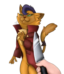 Size: 1287x1496 | Tagged: abyssinian, anthro, artist:xchan, capper dapperpaws, cat, clothes, colored, derpibooru import, knife, knife cat, male, my little pony: the movie, ponified animal photo, safe, simple background, solo, squint, transparent background