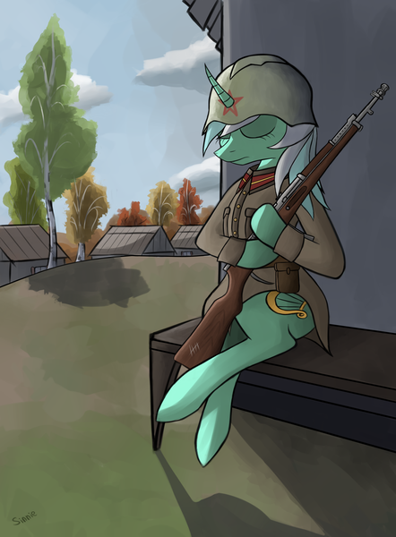 Size: 2800x3800 | Tagged: safe, artist:sinniepony, derpibooru import, lyra heartstrings, pony, unicorn, avs-36, clothes, gun, helmet, military, military pony, military uniform, nap, rifle, russia, russian, soldier, solo, soviet, uniform, village, weapon, world war ii