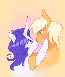 Size: 1865x2201 | Tagged: safe, artist:mazuuur, derpibooru import, applejack, rarity, earth pony, pony, unicorn, blushing, boop, duo, female, lesbian, looking at each other, noseboop, rarijack, shipping, simple background