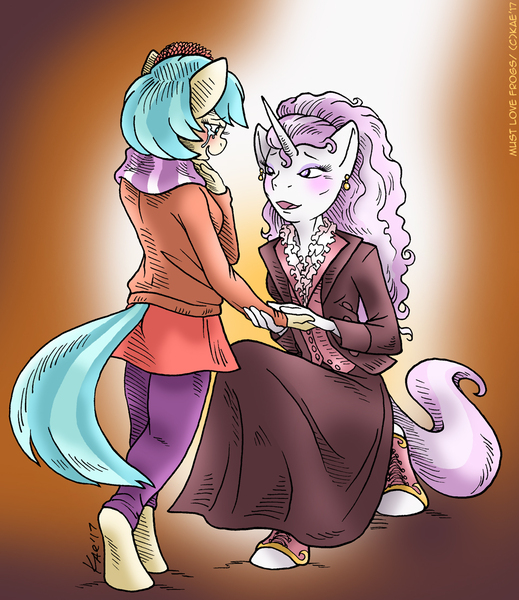 Size: 951x1100 | Tagged: safe, artist:kaemantis, deleted from derpibooru, derpibooru import, coco pommel, fleur-de-lis, anthro, earth pony, unguligrade anthro, clothes, commission, crying, female, fleur-de-coco, lesbian, mare, marriage proposal, shipping, size difference, smiling, tears of joy