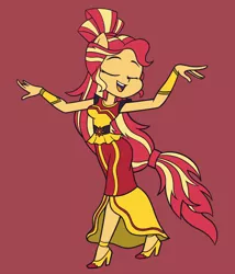 Size: 1542x1800 | Tagged: safe, artist:khuzang, derpibooru import, sunset shimmer, dance magic, equestria girls, spoiler:eqg specials, beautiful, clothes, commission, cute, dancing, dress, eyes closed, happy, high heels, ponied up, pony ears, red background, shimmerbetes, shoes, simple background, skirt, smiling, solo