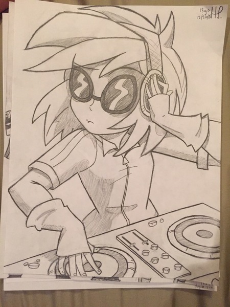 Size: 2448x3264 | Tagged: artist:lablelesswaterlily, clothes, derpibooru import, female, fingerless gloves, glasses, gloves, headphones, safe, sketch, solo, traditional art, turntable, vinyl scratch