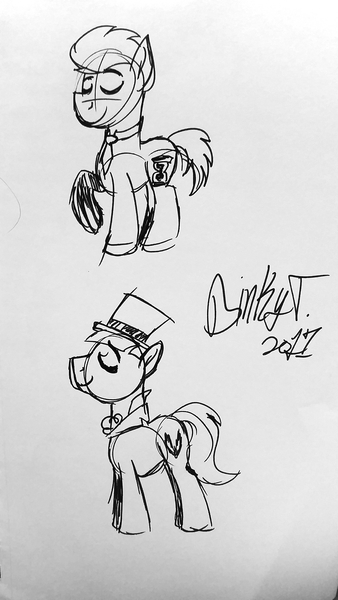 Size: 1836x3264 | Tagged: safe, artist:binkyt11, derpibooru import, caesar, count caesar, doctor whooves, time turner, pony, monochrome, necktie, signature, traditional art