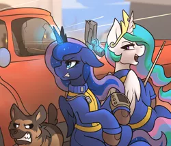 Size: 1680x1440 | Tagged: safe, artist:whitepone, derpibooru import, princess celestia, princess luna, alicorn, dog, pony, two best sisters play, 10mm pistol, car, clothes, crossover, crown, derp, dogmeat, fallout, fallout 4, female, floppy ears, gun, hand, handgun, jewelry, jumpsuit, magic, magic hands, mare, pipboy, pistol, pool cue, regalia, royal sisters, truck, vault suit, weapon