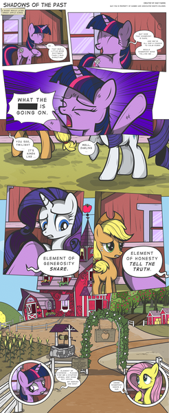 Size: 3000x7304 | Tagged: safe, artist:perfectblue97, derpibooru import, applejack, fluttershy, rarity, twilight sparkle, pony, unicorn, comic:shadows of the past, absurd resolution, apple, apple tree, barn, comic, cornfield, food, haystack, sweet apple acres, tree, unicorn twilight, well