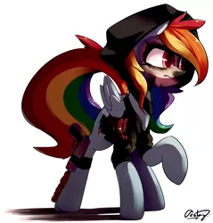 Size: 4520x4720 | Tagged: safe, artist:bloodatius, derpibooru import, rainbow dash, pegasus, pony, absurd resolution, caveira, clothes, female, folded wings, gun, hoodie, looking at something, looking away, mare, raised hoof, simple background, solo, weapon, white background