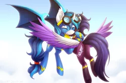 Size: 4082x2688 | Tagged: safe, artist:scarlet-spectrum, derpibooru import, oc, unofficial characters only, alicorn, bat pony, bat pony alicorn, pony, absurd resolution, clothes, commission, costume, female, flying, hug, male, mare, oc x oc, shadowbolts, shadowbolts costume, shipping, smiling, stallion, uniform, wonderbolts uniform