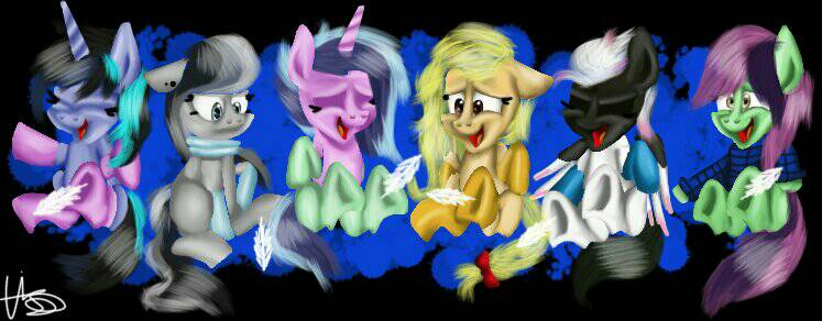 Size: 747x292 | Tagged: safe, artist:lordofthefeathers, derpibooru import, oc, oc:drizzle cloud, oc:flora boldbash, oc:maggie pie, oc:moonshine twinkle, oc:orangejack, oc:tammy spears, unofficial characters only, alicorn, earth pony, pegasus, pony, unicorn, alicorn oc, clothes, ear piercing, earring, eyes closed, feather, female, group, hoof tickling, jewelry, mare, piercing, plaid shirt, scarf, socks, tickle torture, tickling, underhoof