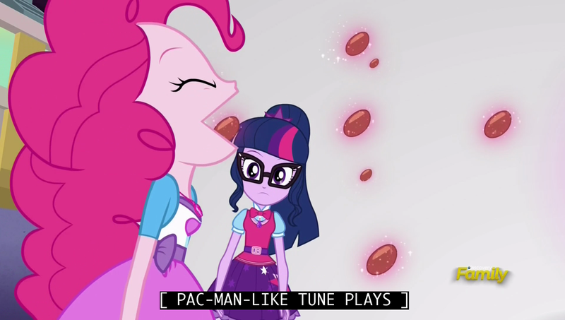 Size: 1920x1088 | Tagged: safe, derpibooru import, screencap, pinkie pie, sci-twi, twilight sparkle, equestria girls, mirror magic, spoiler:eqg specials, candy, closed captioning, discovery family logo, food, pac-man, transition