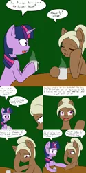 Size: 1600x3200 | Tagged: safe, artist:jake heritagu, derpibooru import, twilight sparkle, oc, oc:sandy hooves, pony, comic:ask motherly scootaloo, coffee, coffee mug, comic, miss twilight sparkle, mug