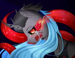 Size: 1345x1045 | Tagged: artist:clefficia, black sclera, blood, changeling, changeling oc, crying, derpibooru import, hybrid, interspecies offspring, oc, offspring, parent:king sombra, parent:queen chrysalis, parents:chrysombra, semi-grimdark, solo, tokyo ghoul, unofficial characters only