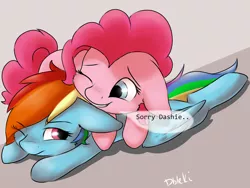 Size: 1024x768 | Tagged: safe, artist:dbleki, derpibooru import, pinkie pie, rainbow dash, earth pony, pegasus, pony, cute, diapinkes, female, floppy ears, fluffy, fluffyball, lesbian, mare, one eye closed, pinkiedash, prone, shipping, simple background, text